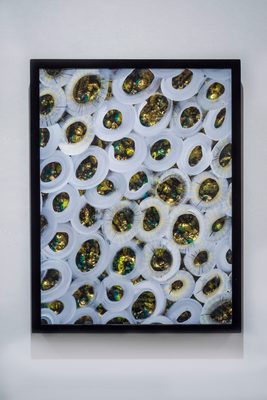 白い輪が重なり、奥に金がのぞく絵画（全体）